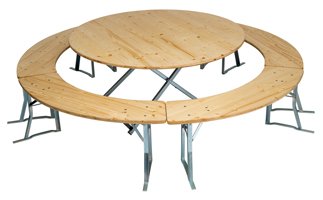 Cette tente à bière ronde sertie de table ronde de 150 cm et de quatre bancs